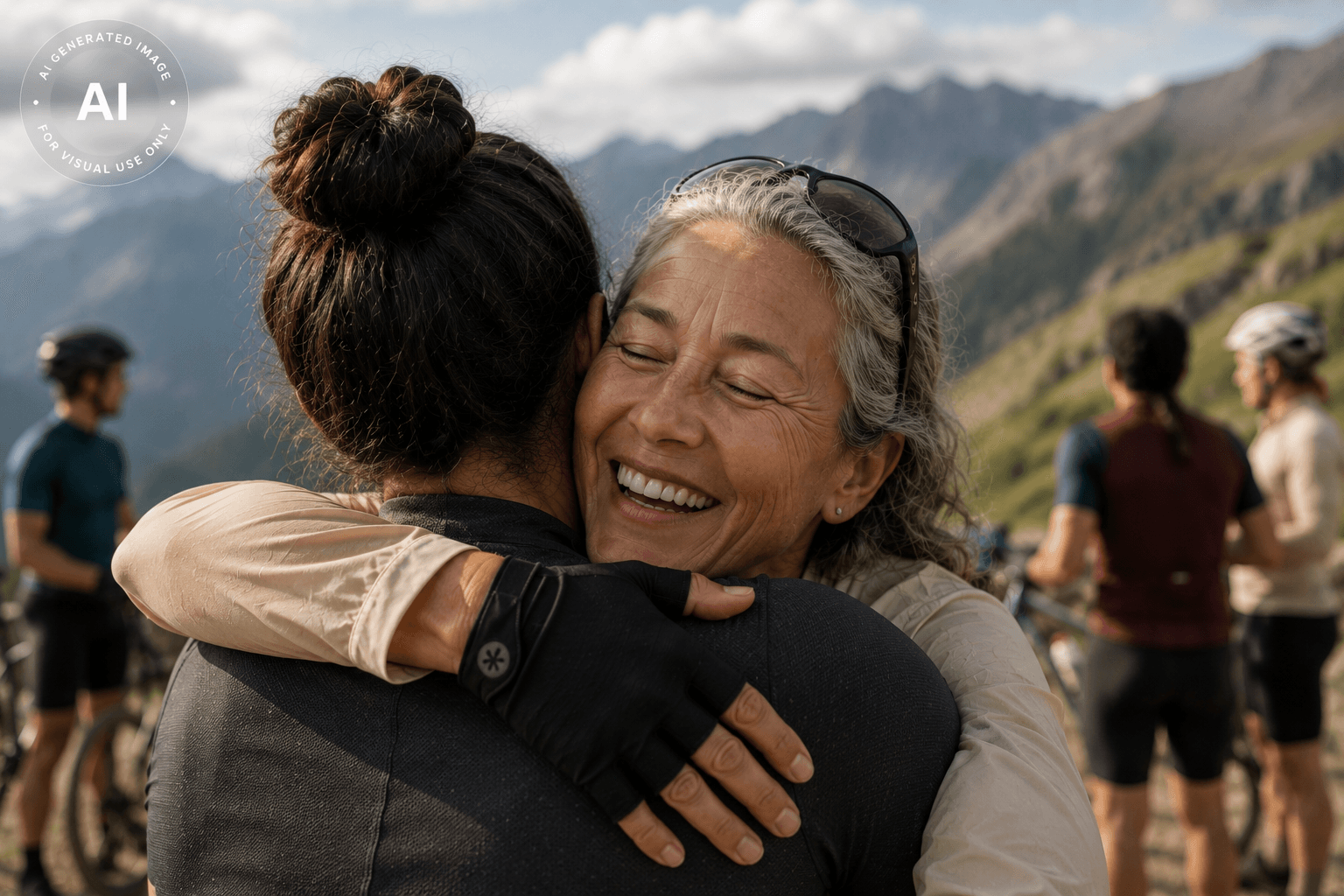 Two cyclists hugging after a ride