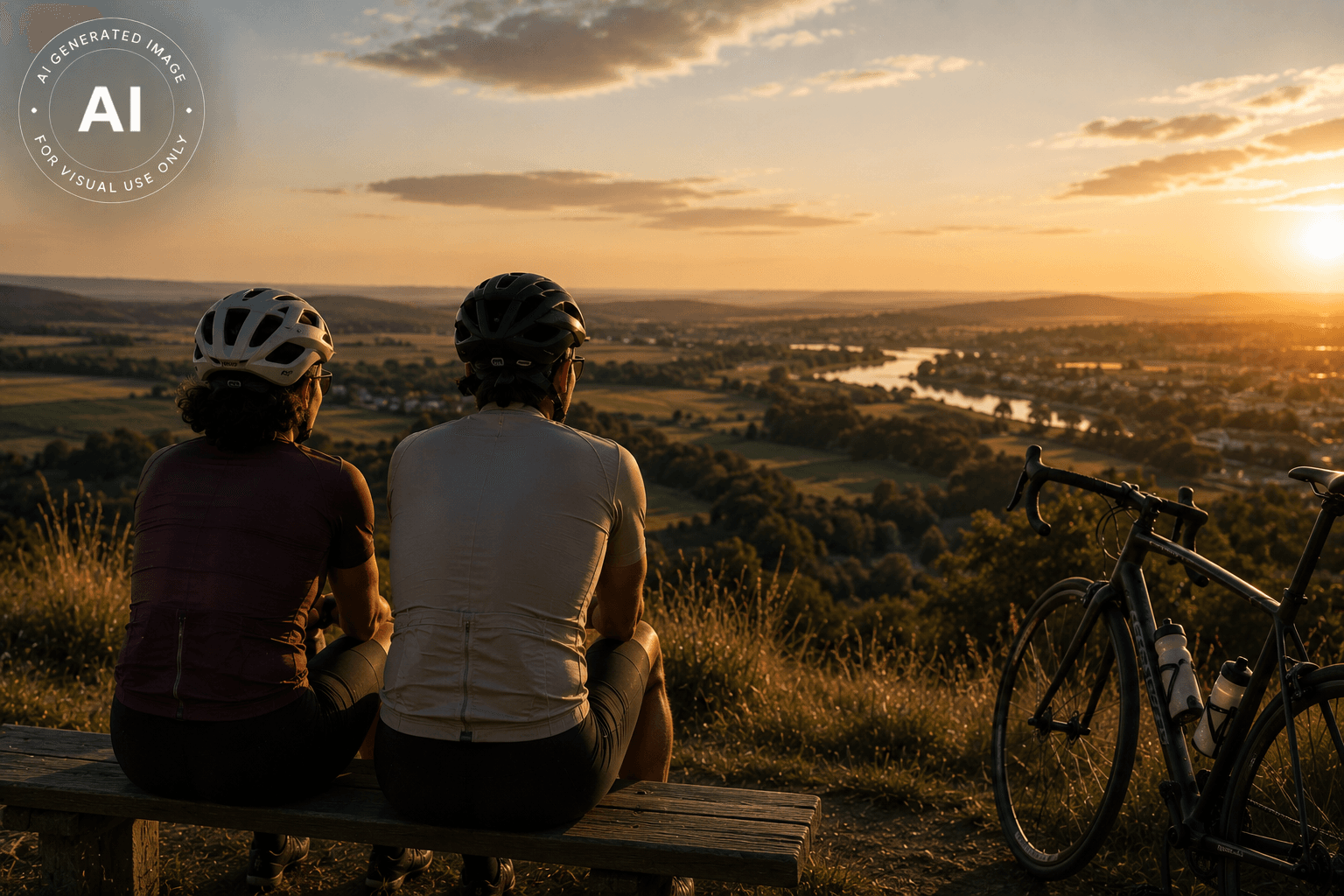 A cyclist looking over a mountain landscape at sunset
