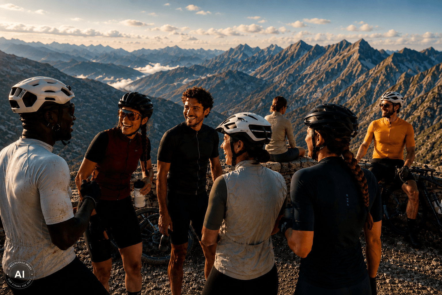 A diverse group of cyclists riding together in the mountains
