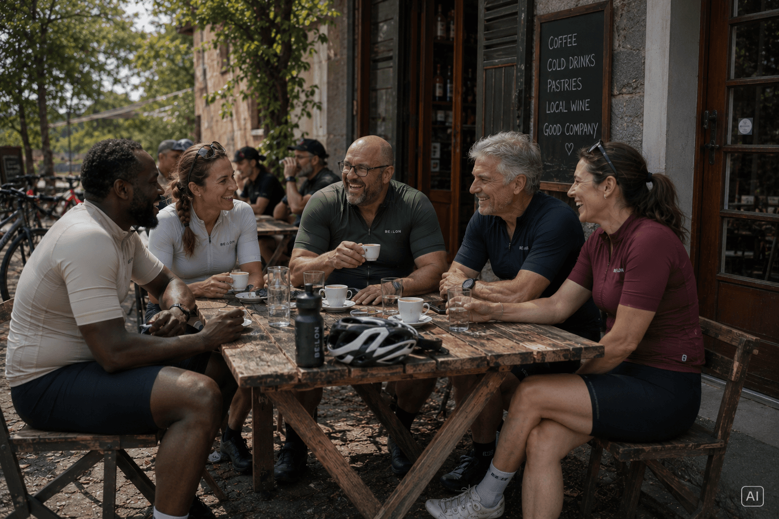 A diverse group of cyclists sharing a break at a café