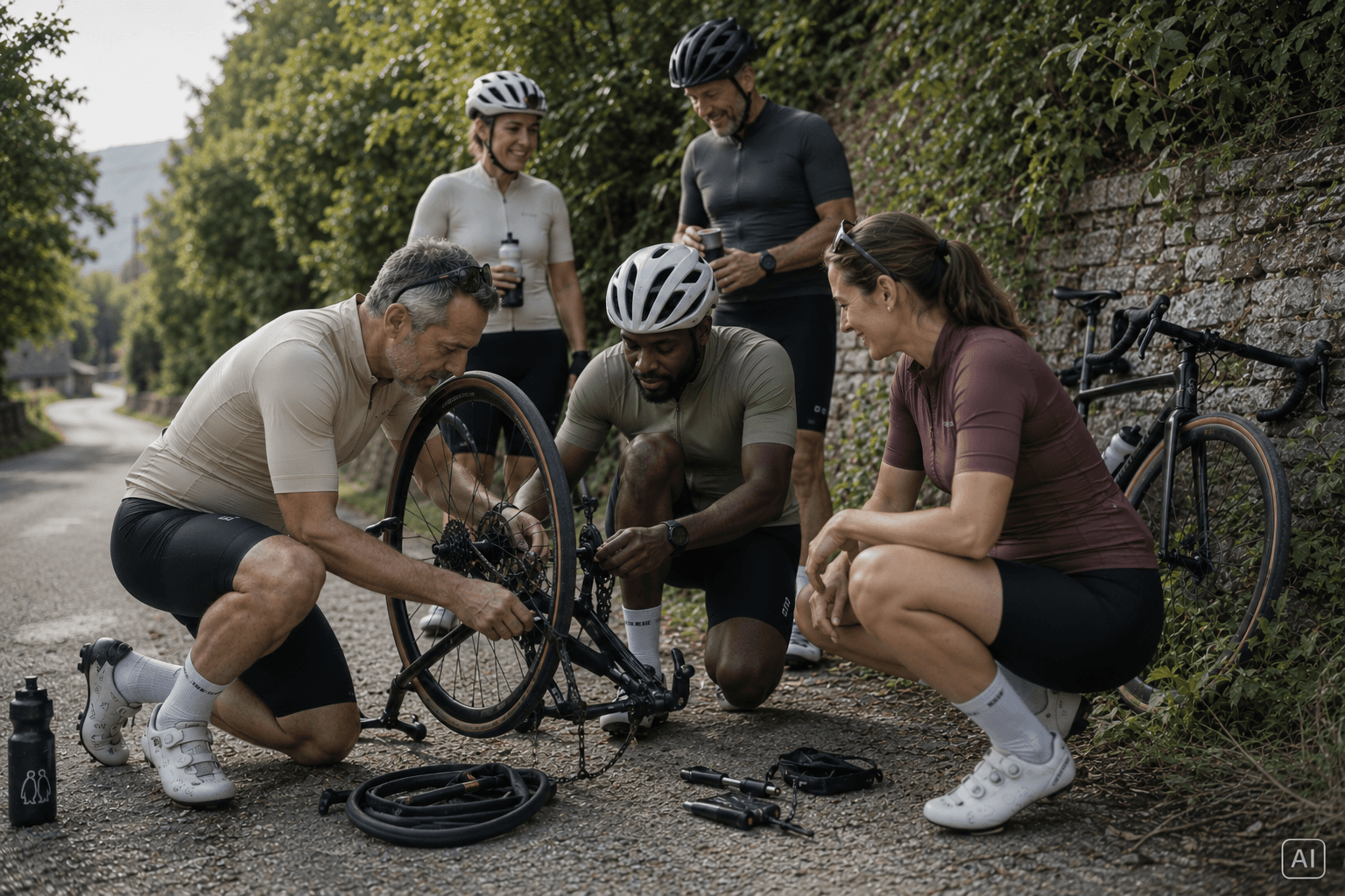 Cyclists helping each other repair a bicycle