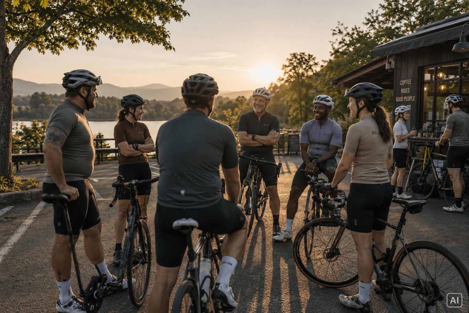 A diverse group of cyclists meeting before a social ride