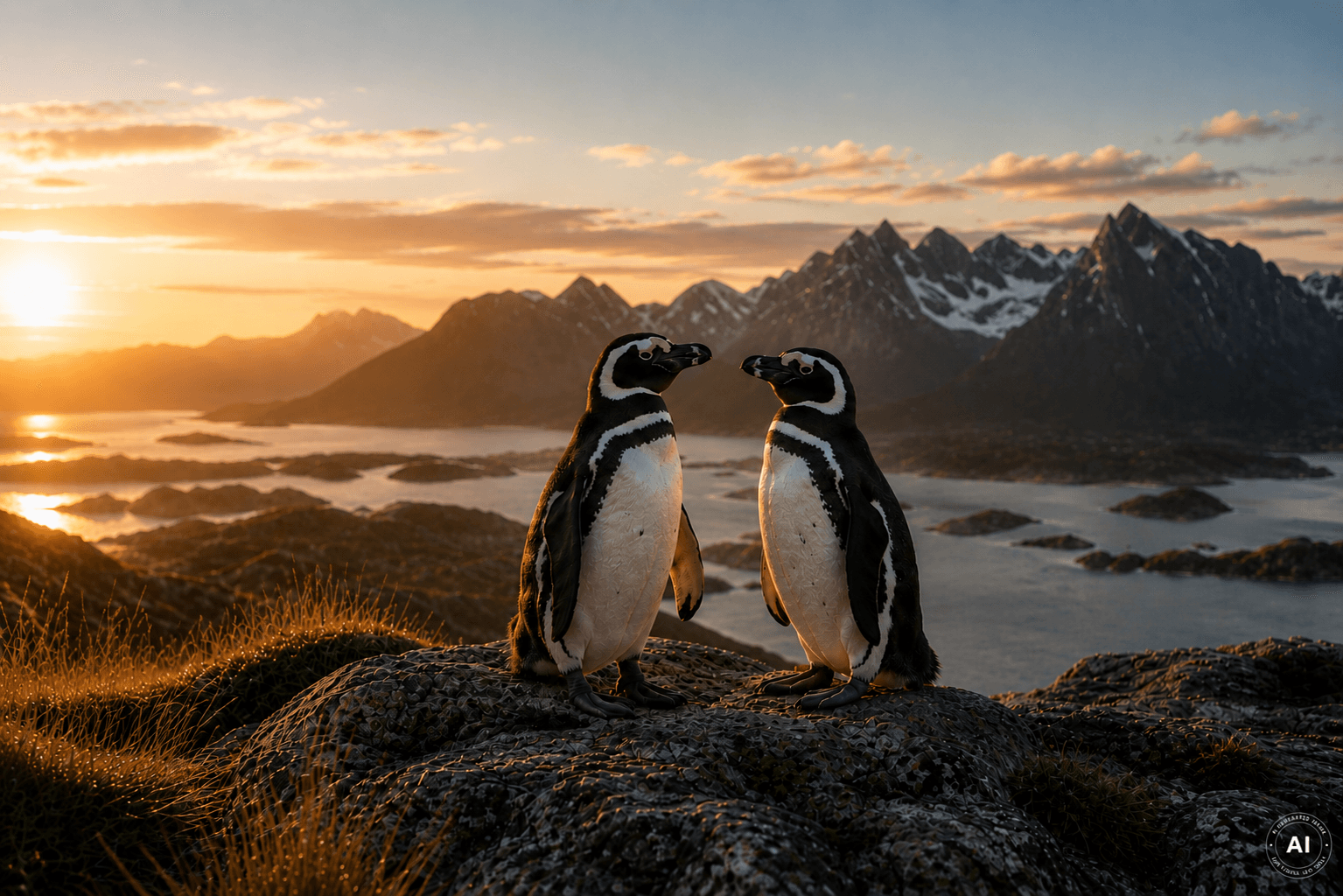 Two penguins standing together before a mountain landscape