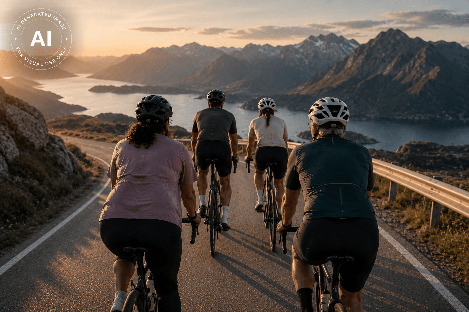 A group of cyclists riding along a mountain road