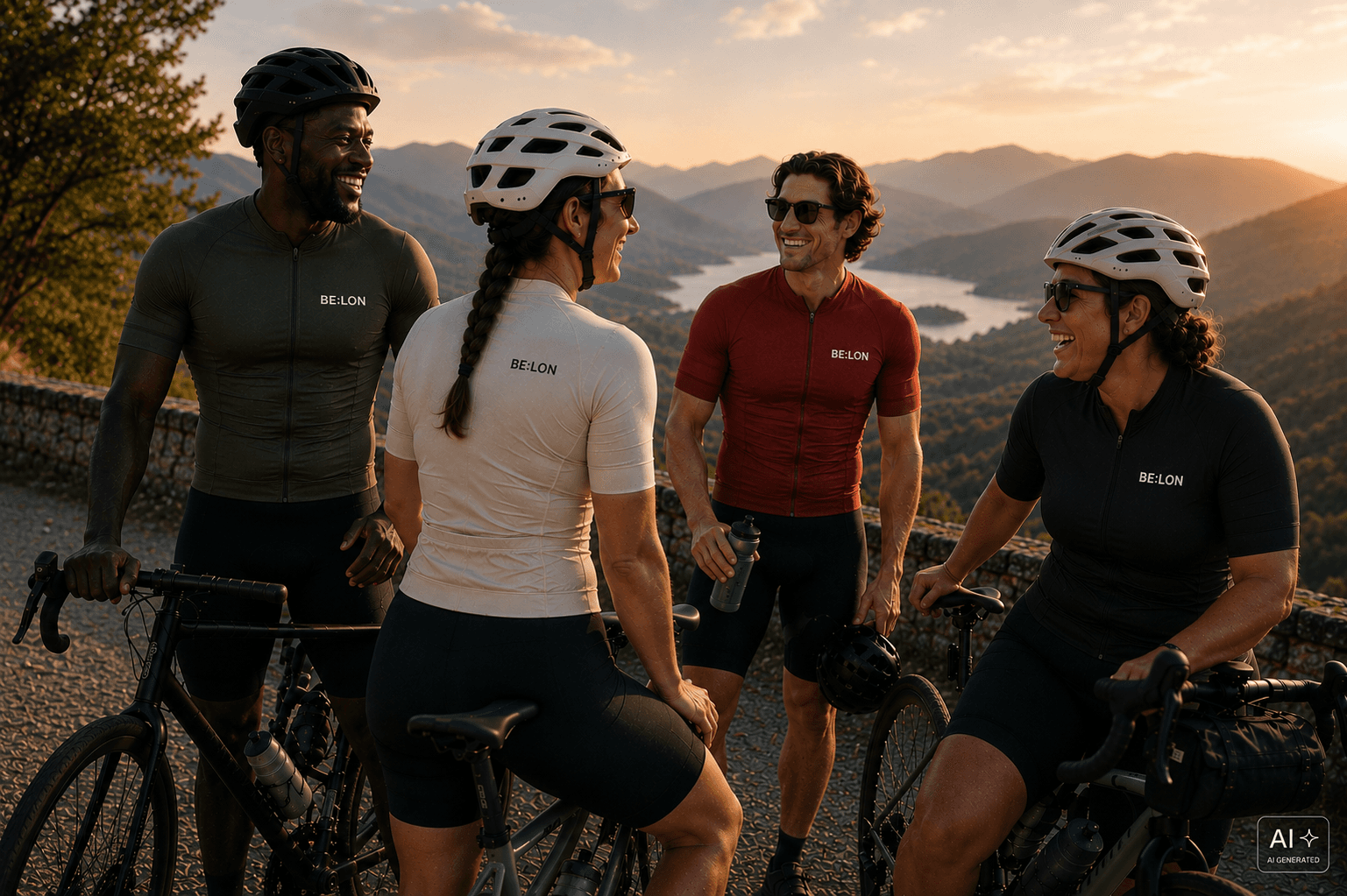 A diverse group of cyclists wearing BE:LON clothing