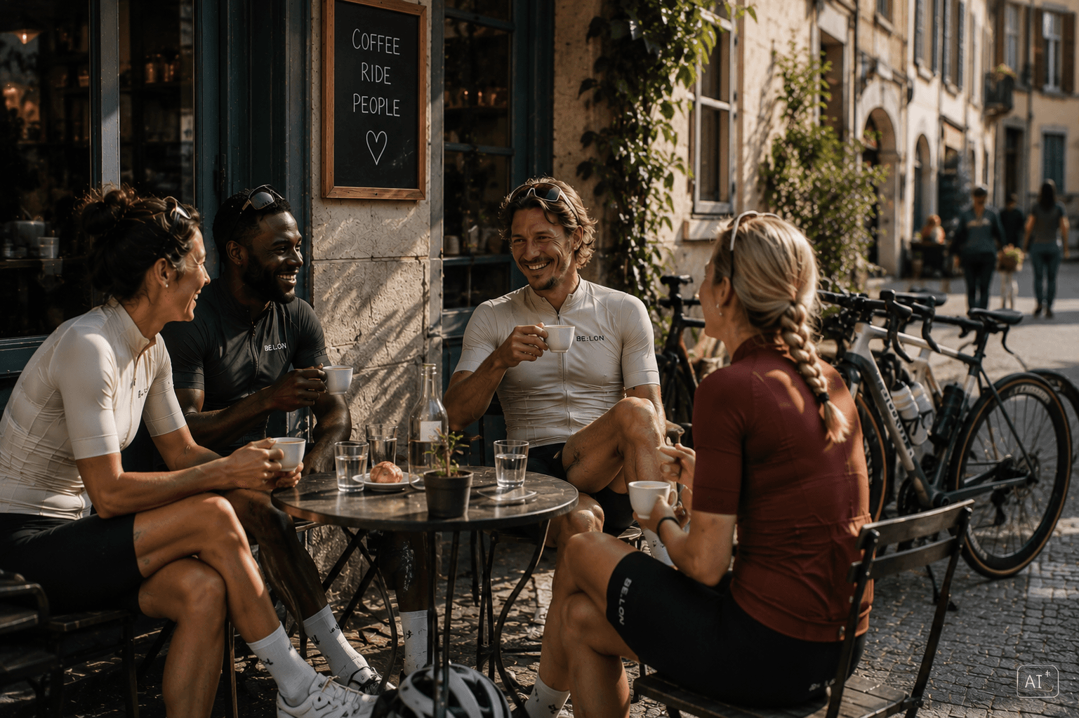 A group of cyclists sharing coffee outside a café