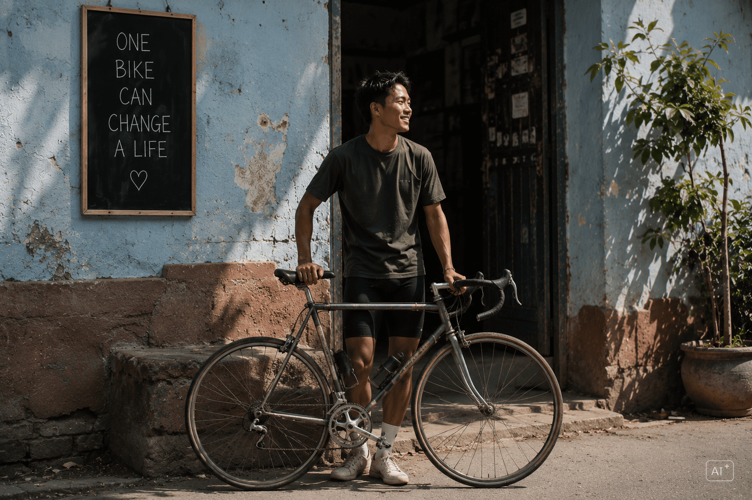 A person standing beside a well-used bicycle